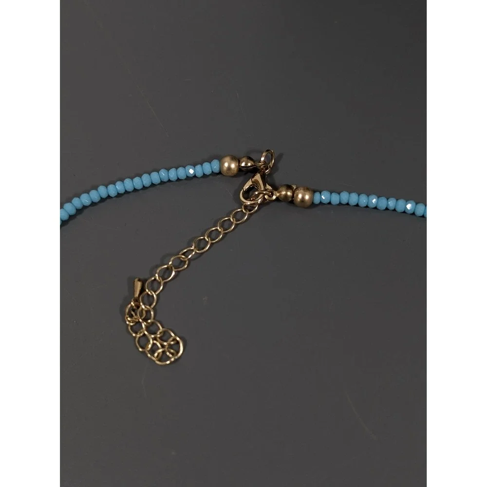 Boho Beachy Tassel Necklace Blue Pink Glass Beads‎ Layered Gold Tone 21 in